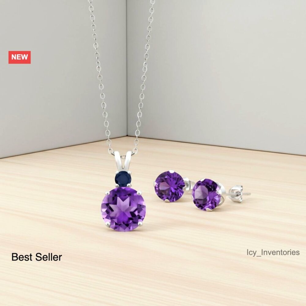 Sterling Silver Amethyst Sapphire Jewelry Set Elegant Classic Gemstone Pendant